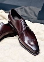 New Handmade Men&#39;s Brown Leather Lace up Chiseled Toe Derby Formal Dress Shoes - £101.19 GBP