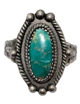 Vintage Southwestern Sterling Silver 925 Oval Turquoise Rope Style Ring ... - $48.95