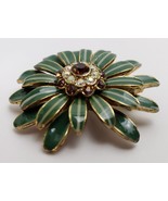 Vintage Enamel Rhinestone Flower Brooch Pin Green Gold-Tone Trim 1 5/8&quot; - $49.45