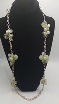 JEWELRY Vtg Necklace Silvertone Bead Clear, Green Crystal and Pearl 34&quot; Adjust. - £7.92 GBP