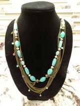 Vintage Bronze Tone Necklace Multi-Layer Beaded Turquoise Metal Chain Classy  - £14.55 GBP