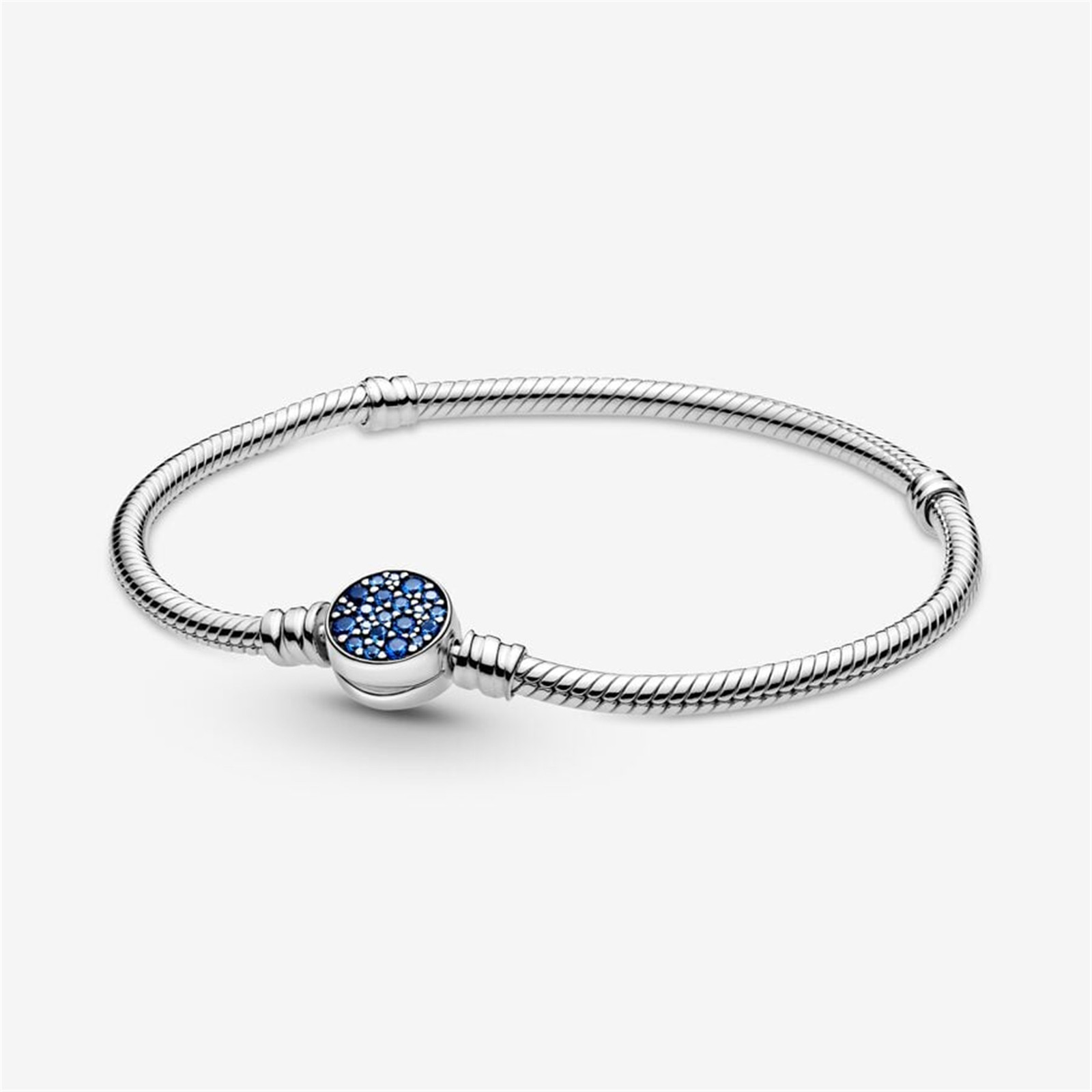 S925 Silver Moments Sparkling Blue Disc Clasp Snake Chain Bracelet,Gift for Her