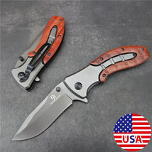8” Folding Knife Brown Wood Handle Tactical Army Survival Pocket Blade Hunting - £14.46 GBP
