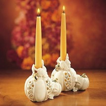 Lenox Halloween Pumpkin Candlesticks Pair Thanksgiving Pierced Ivory Gold New - £49.02 GBP