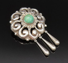 925 Silver - Vintage Antique Floral Green Turquoise Dome Brooch Pin - BP... - $85.26
