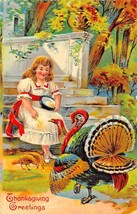 Thanksgiving GREETINGS-GIRL In Dress Feeds TURKEYS~1910s Embossed Postcard - £4.61 GBP