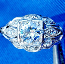 Earth mined Diamond European cut Deco Engagement Ring Vintage Platinum Solitaire - £4,280.93 GBP