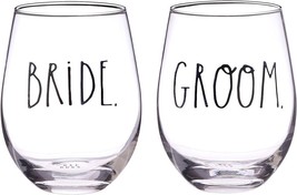 Rae Dunn Bride &amp; Groom Stemless Wine Glass Set, 19 oz, Wedding, Shower Gifts - £19.93 GBP