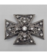 Maltese Cross Belt Buckle Bling Rhinestone Open Work Flower Silver Tone ... - $24.99