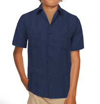 Boy&#39;s Guayabera Wedding Baptism Button-Up Casual Navy Dress Shirt 12-14 - $15.83