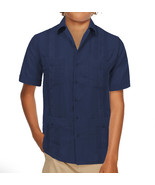 Boy&#39;s Guayabera Wedding Baptism Button-Up Casual Navy Dress Shirt 12-14 - €13,55 EUR