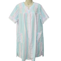 Miss Elaine Snap Button Short Sleeve Robe Seersucker Stripe Floral Size L Pocket - £27.59 GBP