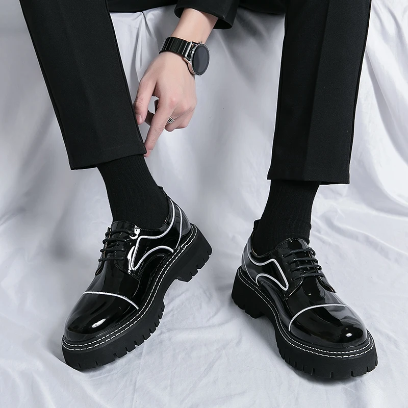 Leather shoes men office casual high platform leather shoes patent male ... - $91.17