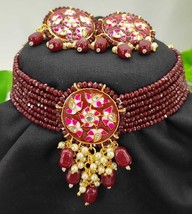 Bollywood Style Gold Plated Indian Choker Maroon Red Enameled Kundan Jewelry Set - £21.76 GBP