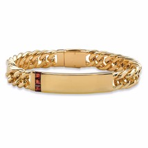 Mens 14K Gold Red Garnet Square Cut 8&quot; Curb Link Bracelet Gp - £152.36 GBP