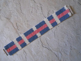 Bracelet, &quot;Plaid&quot; Motif, Blue / Pink / White Peyote Stitch, Tube Clasp - £31.17 GBP