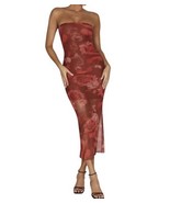 Meshki Aphrodite Strapless Mesh Midi Dress Size L Red Rose Print Sheer P... - $82.91 CAD
