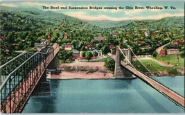 Steel and Suspension Bridges Crossing Ohio River West Virginia Postcard 1945 - £8.70 GBP