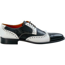 Handmade Men&#39;s Leather Oxfords  Rounded Cap Toe Black White Spectator Shoes-260 - £157.78 GBP