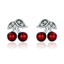 100% Bijoux 925 Silver Sweet Red Cherry Fruit Enamel Stud Earrings For Women Fas - £17.25 GBP