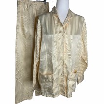 Vintage Delicates Satin Pajama Top Pants Set M Yellow Pockets Buttons El... - £29.65 GBP