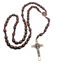 Rosary Bead Crucifix Necklace Dark Wood Tone Saint Benedict Catholic Jewellery - £7.99 GBP