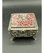 Vintage Square Jewelry Silver Plate Rose Trinket Box Red Interior Made I... - $44.54