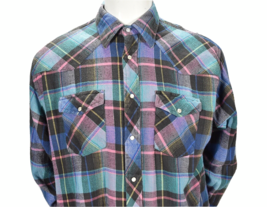 Vtg Mens Wrangler Western Neon Plaid Cotton Button Rockabilly Cowboy Shi... - £31.54 GBP