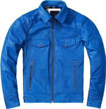 Mens Blue Trucker Style Leather Jacket -Motorcycle Cafe Racer Jacket  - £96.31 GBP+
