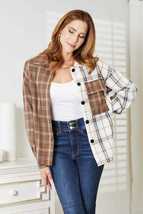 Double Take Brown White Plaid Contrast Button Up Long Sleeve Shirt Jacket - £27.65 GBP