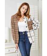 Double Take Brown White Plaid Contrast Button Up Long Sleeve Shirt Jacket - £27.65 GBP