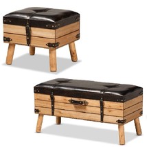 Oak Finish Wood Storage Ottoman Brown PU Leather Straps Transitional Rustic - $74.96+