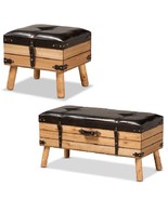 Oak Finish Wood Storage Ottoman Brown PU Leather Straps Transitional Rustic - $101.82 CAD+