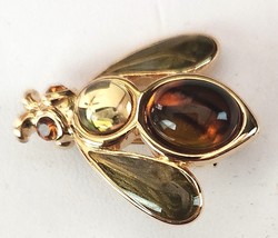 MONET Queen Bee Bug Brooch Pin Cabochons Rhinestone Green Enameling 1 Inch Long - £14.92 GBP