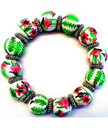 NEW ANGELA MOORE GREEN PINK WHITE BRACELET WITH TREES &amp; FLOWERS SILVER S... - £23.45 GBP