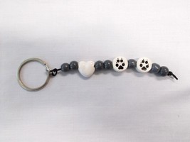 GRAY &amp; WHITE CERAMIC BEADS &amp; WHITE HEART BEAD w 2 WOLF PAW PRINT DISC KE... - $7.99