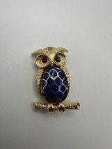 Vintage Gold Blue Enamel Red Eye Owl Brooch 4cm - £38.50 GBP