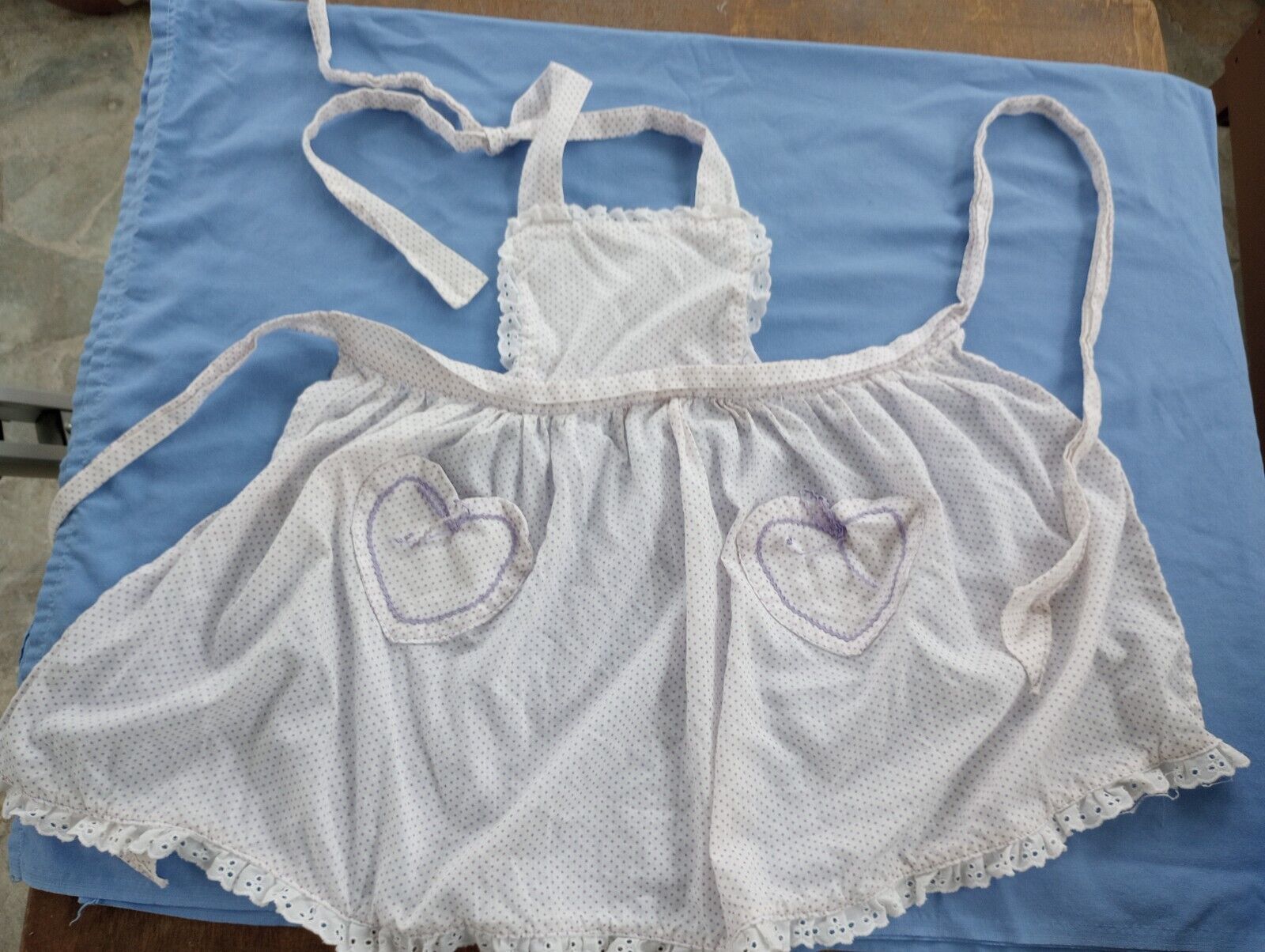 Vintage 1980s Handmade Child Toddler Apron Girls Purple polka dots - $5.00