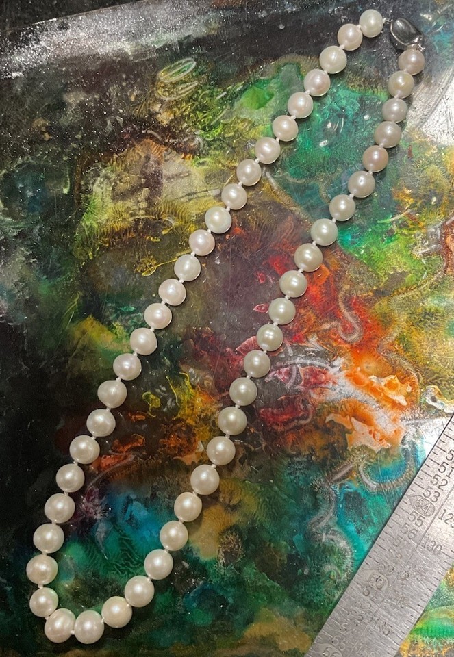 Genuine Hand Strung Pearls 48 Pearl Necklace 20” Length 9mm White Pearl 925 Item image 3
