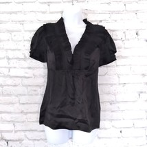 BCBGMaxazria Blouse Womens XXS Black Short Sleeve Ruffle Silk V Neck Top 90s Y2K - $24.99