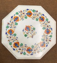 12&quot;  White Marble Table Top Inlay lapis lazuli  Floral Side Table - $11,262.60 MXN
