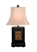 Beautiful Chinese Black Lacquer Box Jade Inlay Table Lamp w Shade and Finial 22&quot; - £250.31 GBP