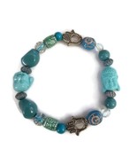 Buddha Blue Silver Tone Charm Stretch Beaded Bracelet - £17.14 GBP
