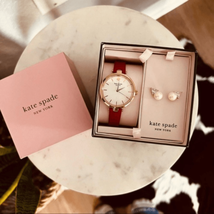 KATE SPADE NEW YORK Holland Watch and Pearl Earring Set, Red, Rose Gold,... - $116.88