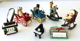 Lot Seven Vintage Wood Christmas Ornaments Rocking Horse Piano Grandma Cars + - £26.66 GBP