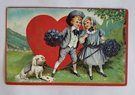Postcard Victorian Couple / Dog Big Heart Forget Me Nots Embossed Valentine - £7.42 GBP