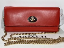 Authentic Coach F53890 Leather Turnlock Slim Chain Wallet in Carmine (red) NWT - £101.29 GBP