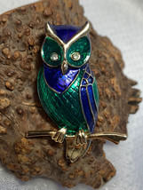 Vtg Marcel Boucher Brooch Green Blue Enamel Figural Owl Pin High Fashion Jewelry - £119.86 GBP