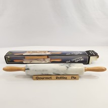 White Marble Rolling Pin Wooden Handles &amp; Stand Gourmet Vintage Boxed - £18.80 GBP