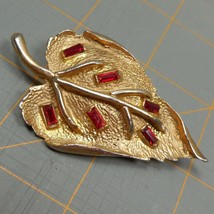Vintage Red Rhinestone Leaf Pin Brooch - $14.00